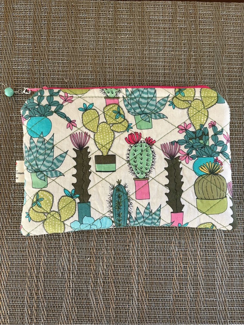 NEW Hand Crafted Cactus Print Quilted Zip Pouch - Pink & Teal Accents